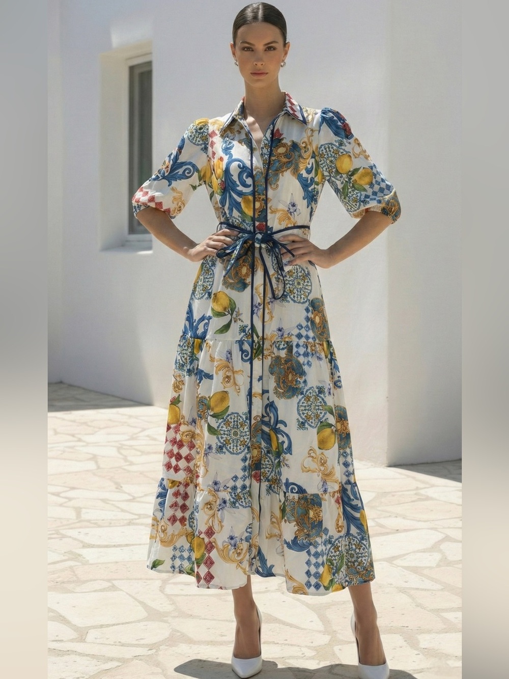 Stellino VALENTINA belted European lemons belted puff sleeve dress AU 16 = US XL